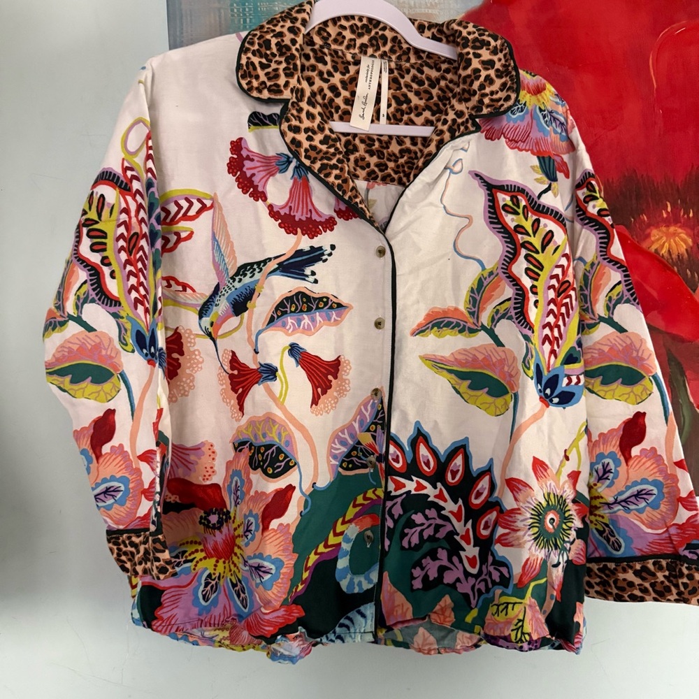 Anthropologie Sarah Gordon Floral Flannel Buttondown Pajama PJ Top Shirt S